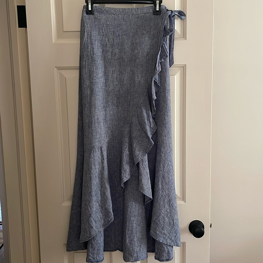 Express Chambray Denim Linen Blend Faux Wrap Maxi Skirt Size XS - Picture 4 of 11